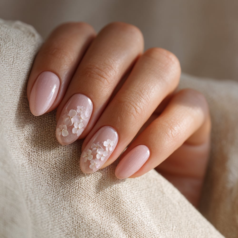 Pale Pink Almond Nails with Delicate 3D Floral Accents Pale Pink Almond Nails with Delicate 3D Floral Accents — Wedding Nails for Bride