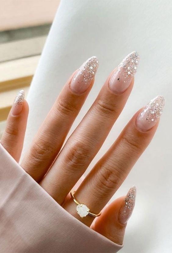 Long Almond Nails with Glitter Gradient Tips Long Almond Nails with Glitter Gradient Tips — Wedding Nails for Bride