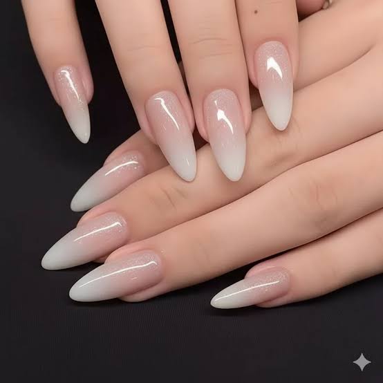 Medium Almond Nude to White Ombre Shimmer Medium Almond Nude to White Ombre Shimmer — Wedding Nails for Bride