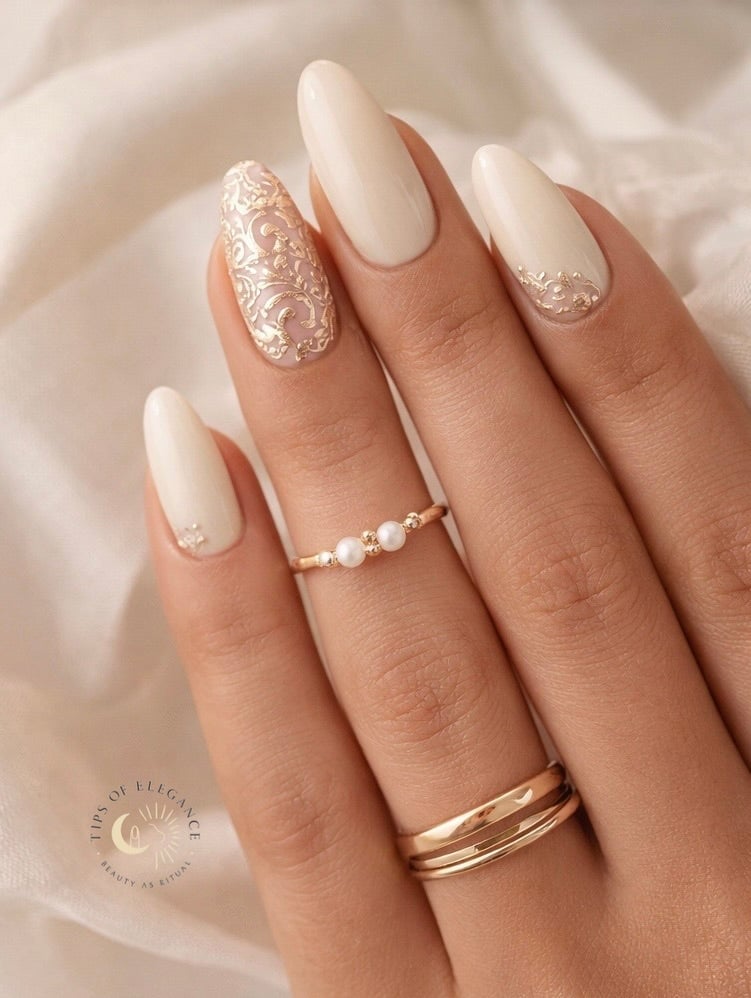 Ivory Oval Nails with Gold Filigree Accents Ivory Oval Nails with Gold Filigree Accents — Wedding Nails for Bride