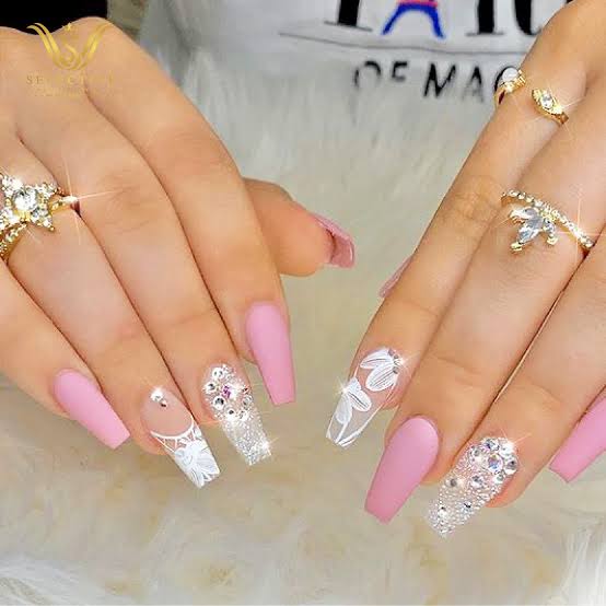 Soft Pink Square Nails with Lace and Rhinestones Soft Pink Square Nails with Lace and Rhinestones — Wedding Nails for Bride