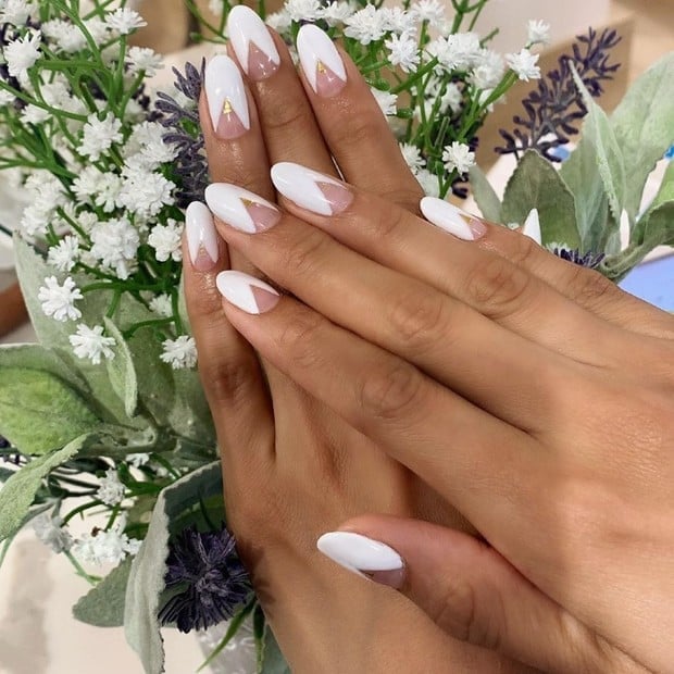 Geometric White and Nude Almond Nails with Gold Geometric White and Nude Almond Nails with Gold — Wedding Nails for Bride