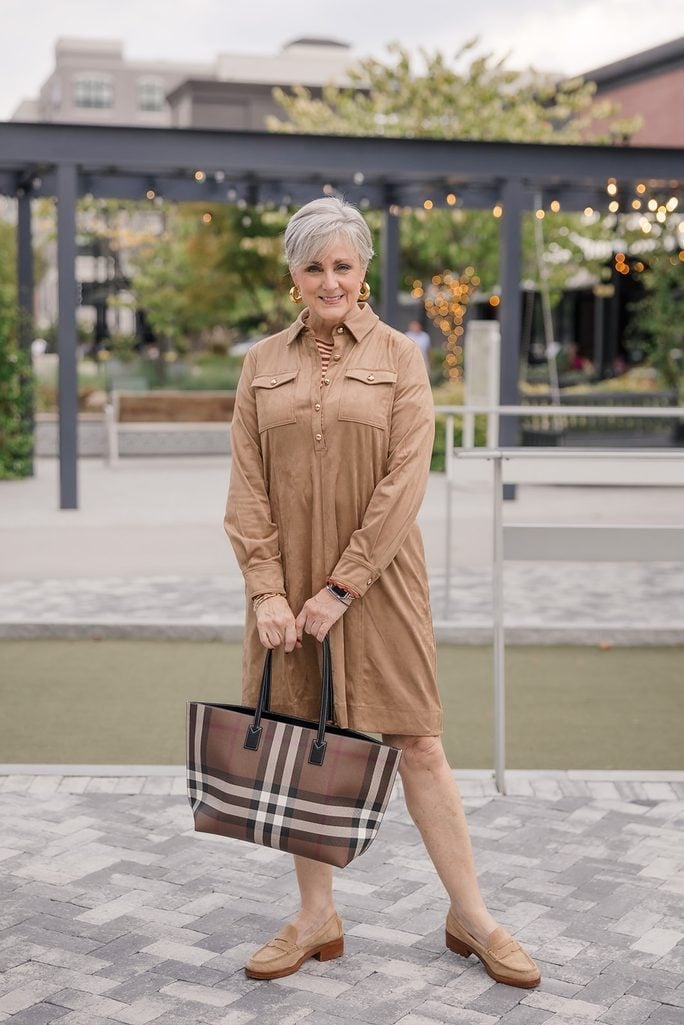 Tan suede-like shirt dress with plaid bag Tan suede-like shirt dress with plaid bag — Weekend Outfits