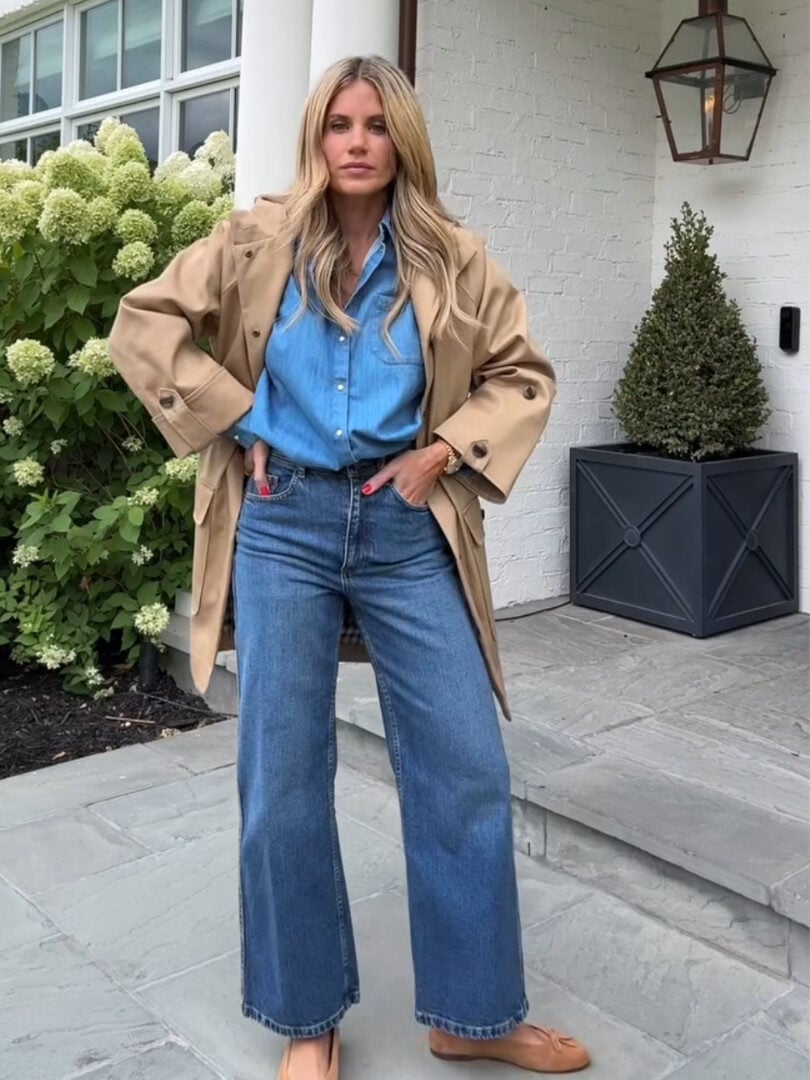 Denim shirt and trench coat with wide-leg jeans Denim shirt and trench coat with wide-leg jeans — Weekend Outfits