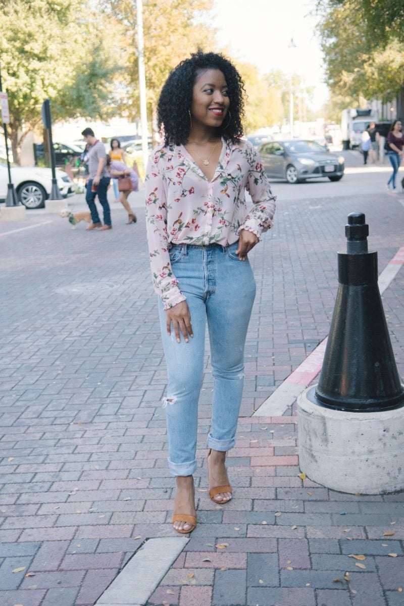 Floral print blouse with straight-leg jeans Floral print blouse with straight-leg jeans — Weekend Outfits