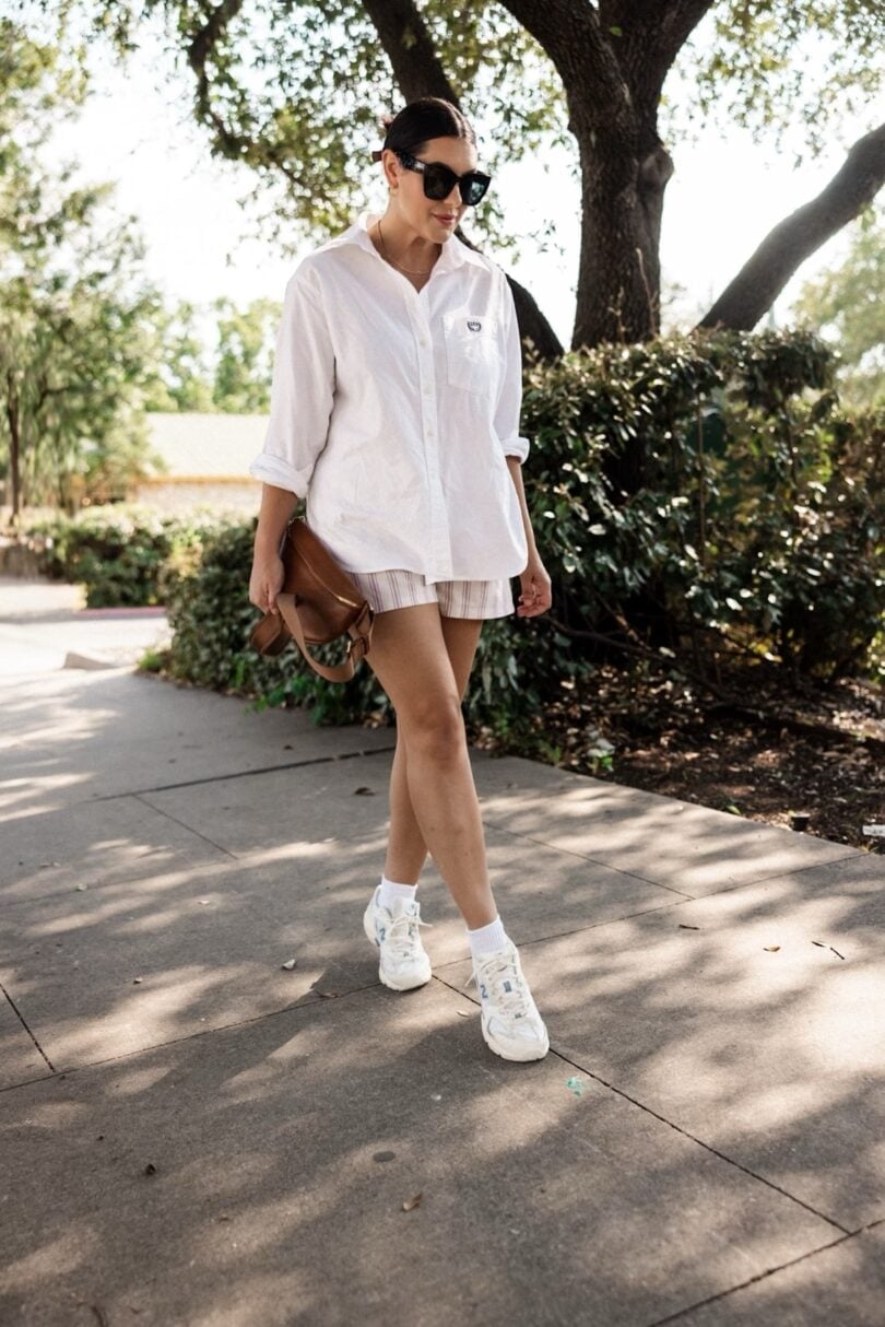 Relaxed oversized shirt and striped shorts Relaxed oversized shirt and striped shorts — Weekend Outfits