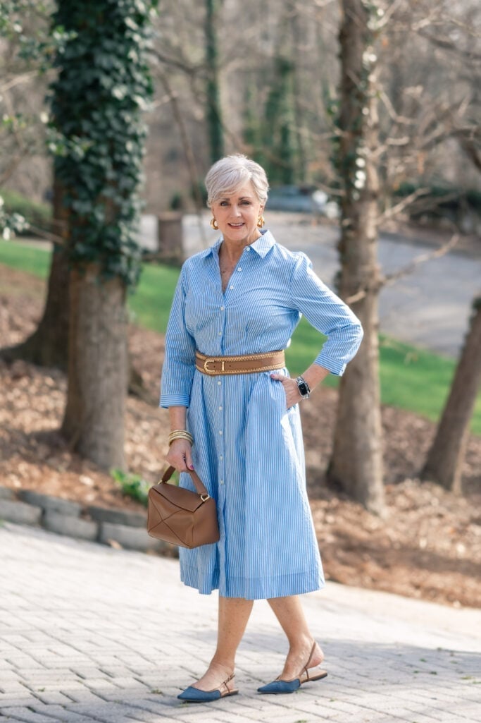 Striped shirt dress with woven belt Striped shirt dress with woven belt — Weekend Outfits