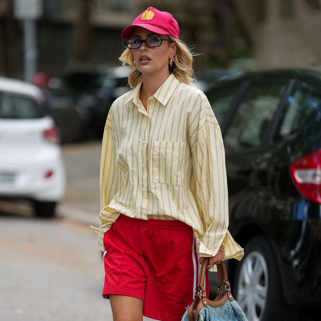 Striped oversized shirt with sporty red shorts Striped oversized shirt with sporty red shorts — Weekend Outfits