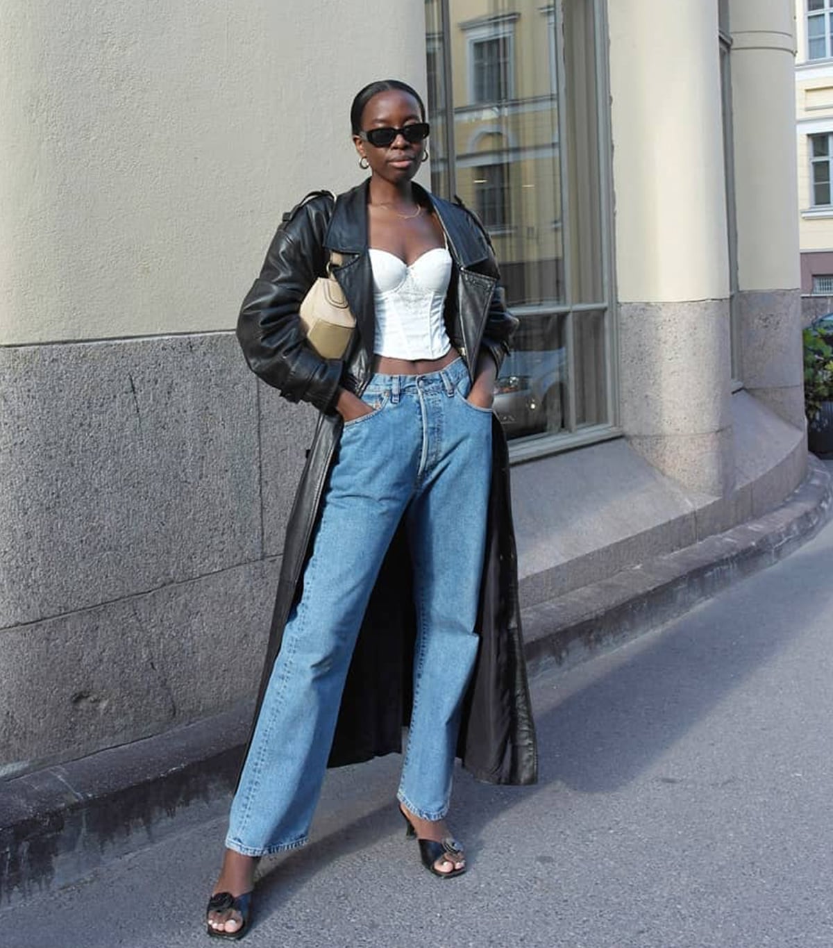 Leather trench coat over corset top and jeans Leather trench coat over corset top and jeans — Weekend Outfits
