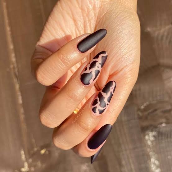 Matte Black Cow Print Almond Nails Matte Black Cow Print Almond Nails — Western Nails