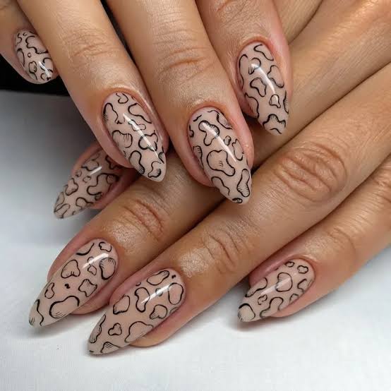Nude Black Outline Cow Print Almond Nude Black Outline Cow Print Almond — Western Nails