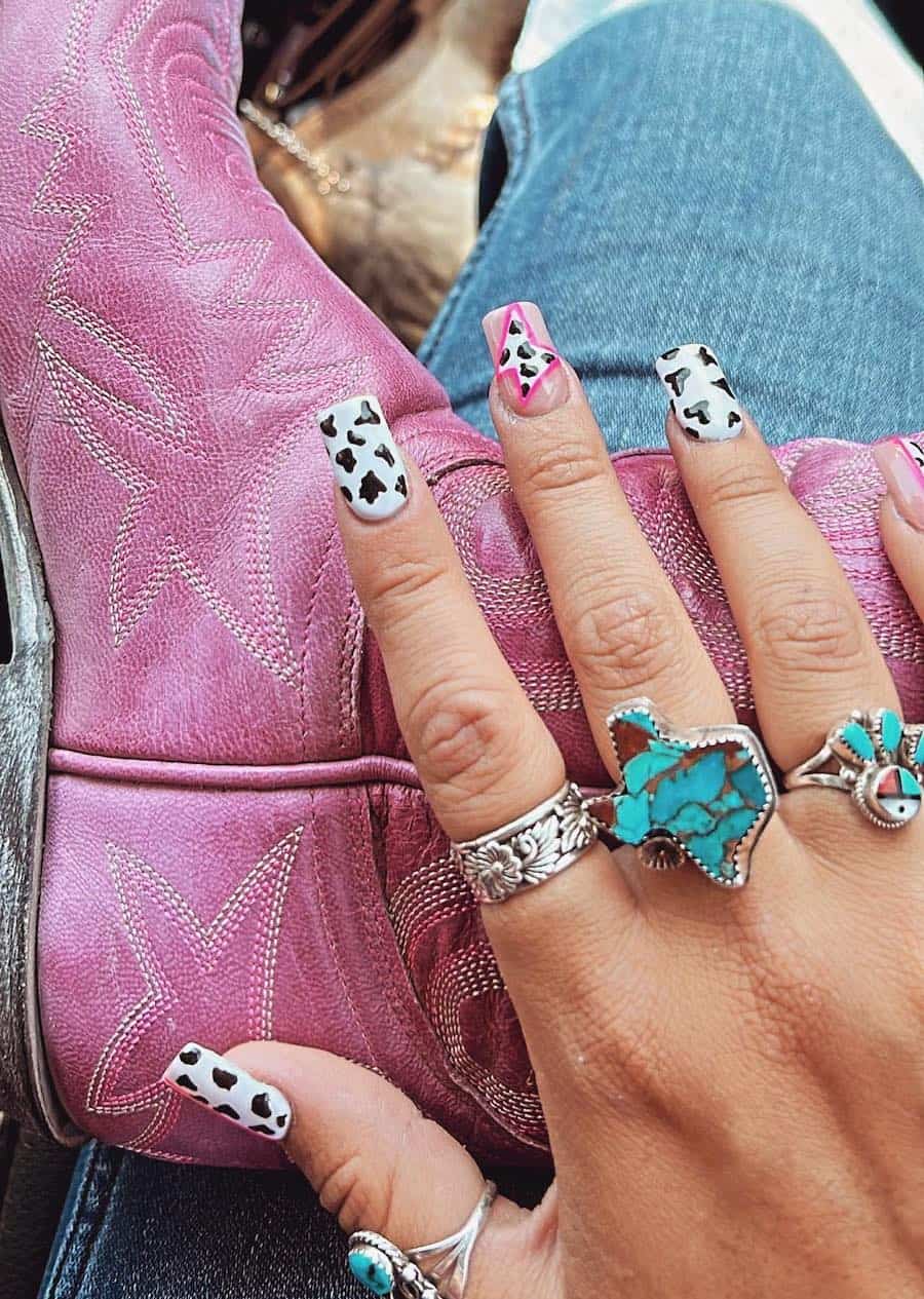 Black and White Cow Print Square Nails, Close-Up Take Black and White Cow Print Square Nails, Close-Up Take — Western Nails