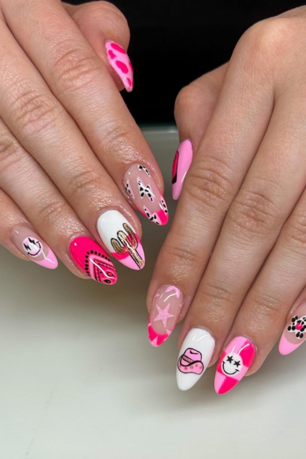 Hot Pink Almond Nails with Western Accents, Designs Include Cacti Hot Pink Almond Nails with Western Accents, Designs Include Cacti — Western Nails