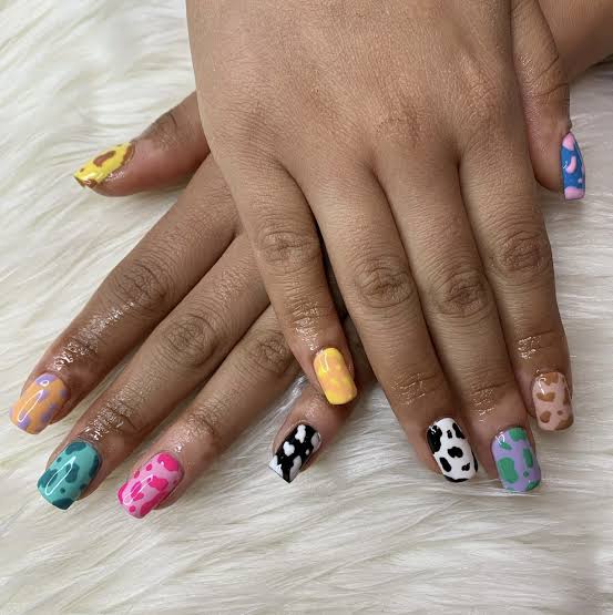 Multicolor Cow Print Short Square Nails Multicolor Cow Print Short Square Nails — Western Nails