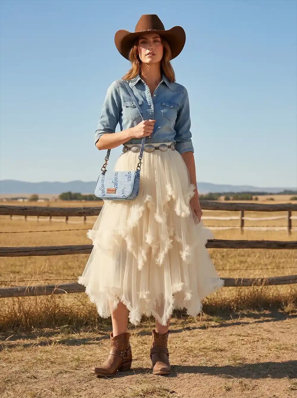Denim shirt with tulle skirt and feather details Denim shirt with tulle skirt and feather details — Western Outfits