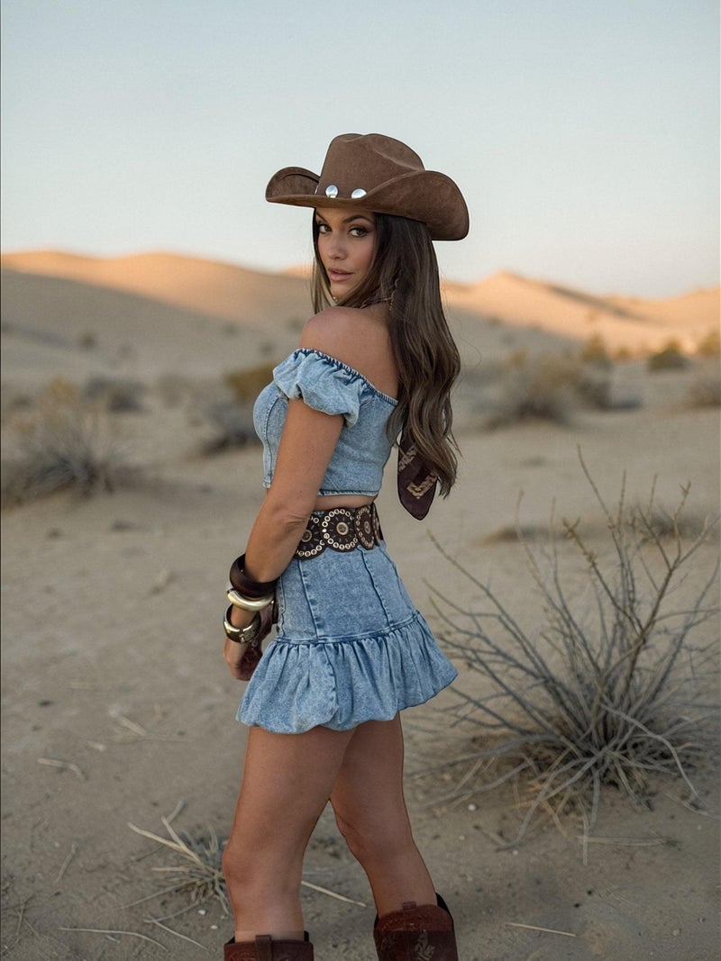 Light blue denim corset top and skirt with ornate chain belt Light blue denim corset top and skirt with ornate chain belt — Western Style