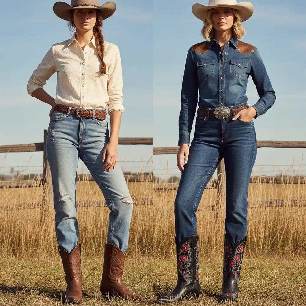 Beige button-up with distressed jeans and blue denim shirt Beige button-up with distressed jeans and blue denim shirt — Western Style