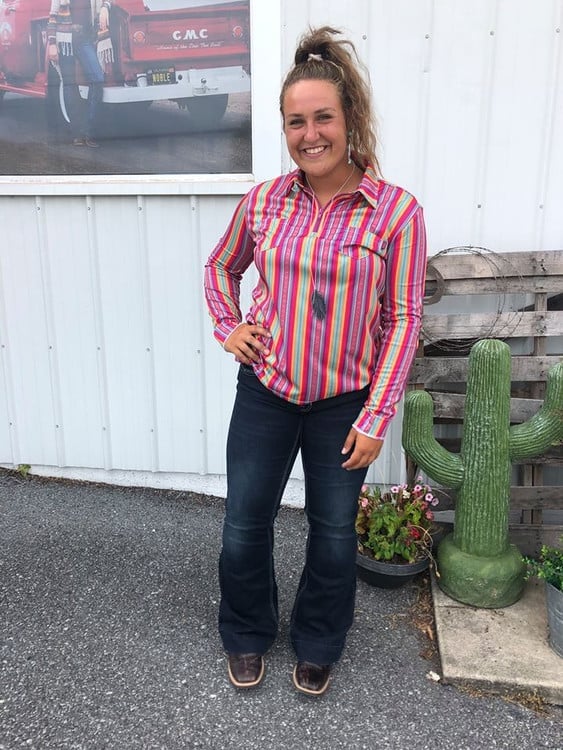 Multicolored striped button-up shirt with flared jeans Multicolored striped button-up shirt with flared jeans — Western Style