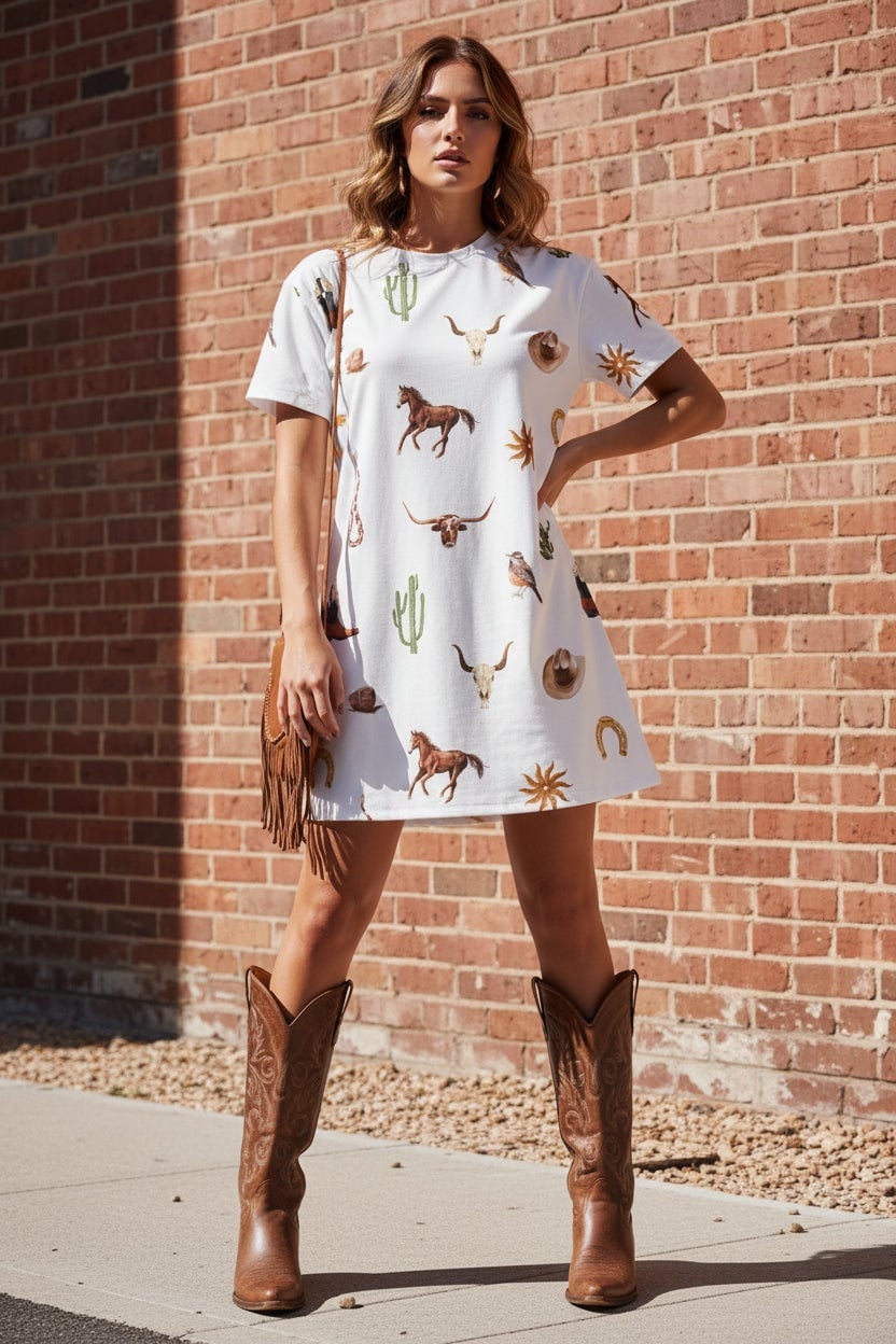 White t-shirt dress with western graphic print and fringe bag White t-shirt dress with western graphic print and fringe bag — Western Style