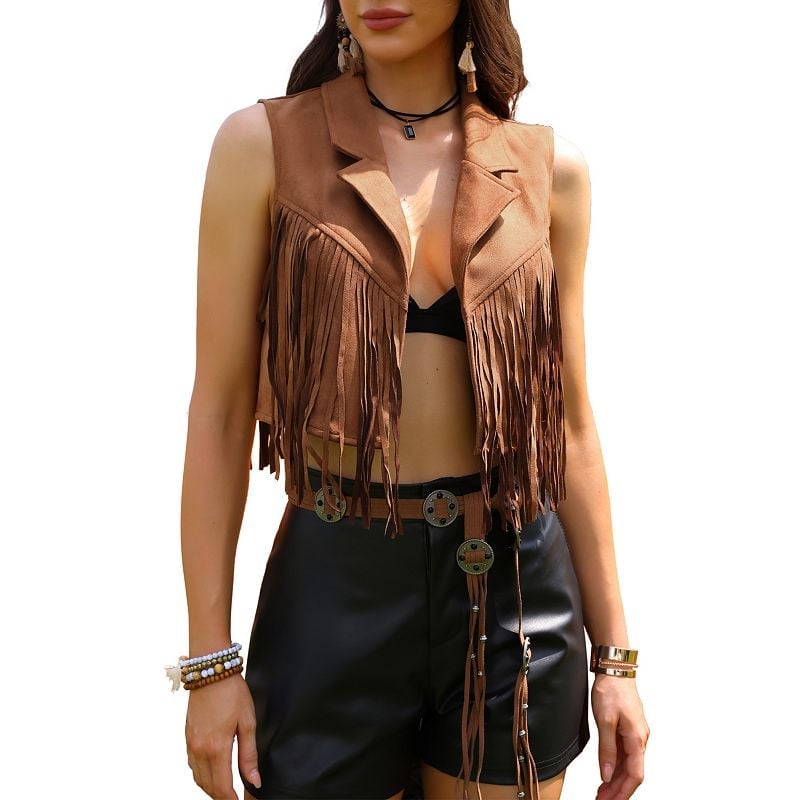 Brown suede fringe vest over black bra top and faux leather shorts Brown suede fringe vest over black bra top and faux leather shorts — Western Style