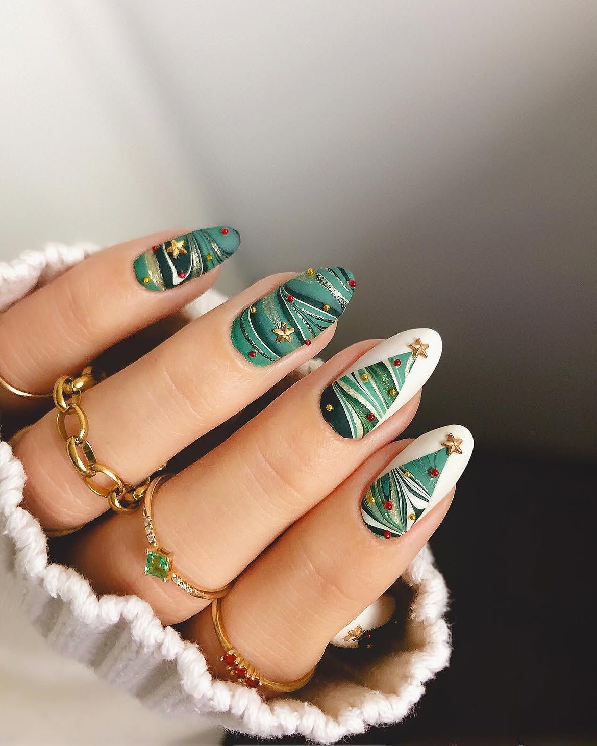 Whimsical Christmas Tree Nail Art with Ornaments