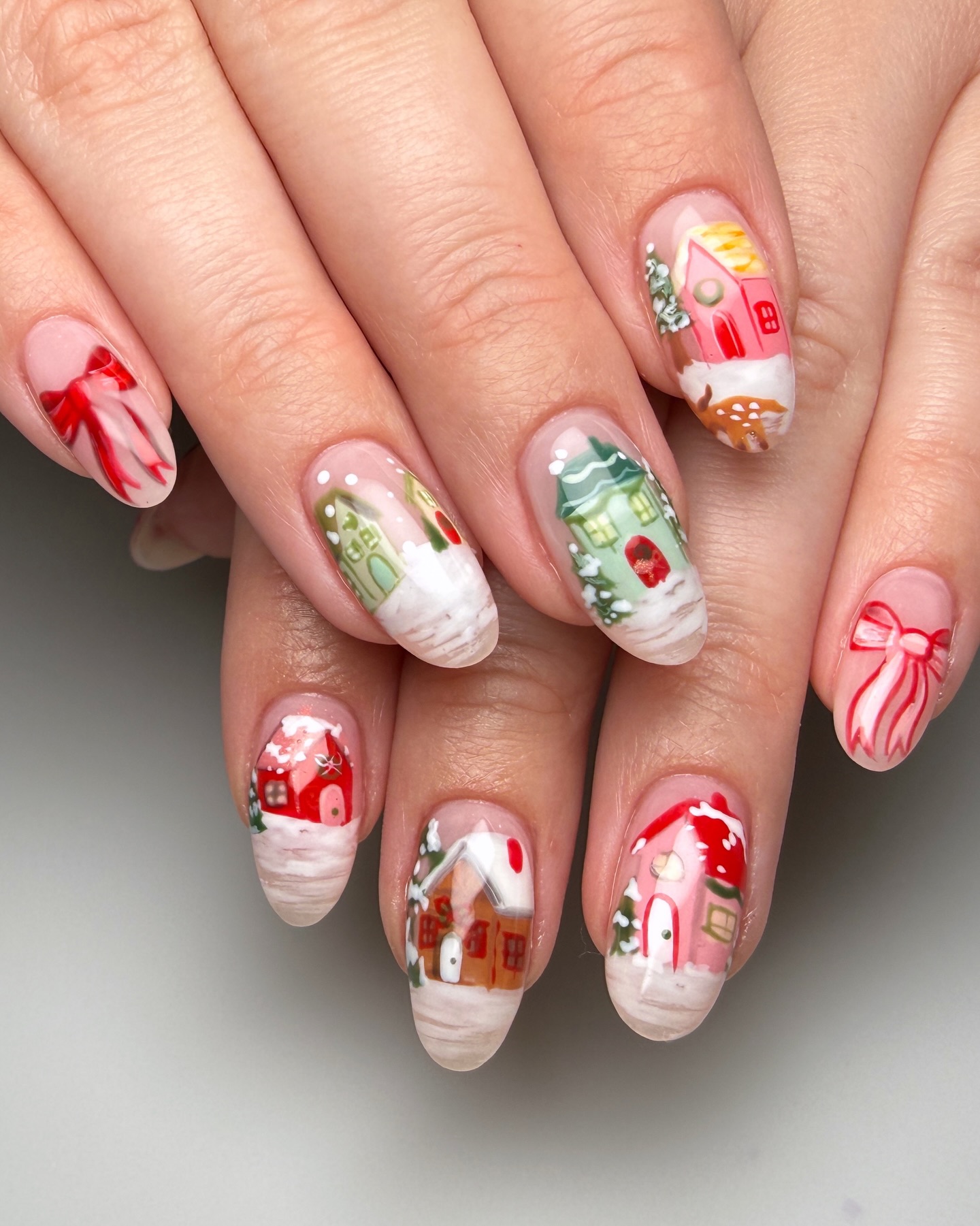 Whimsical Christmas Village Oval Nails