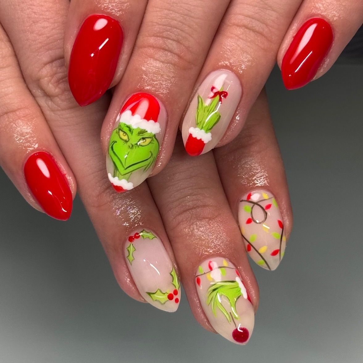 Whimsical Grinch Christmas Almond Nails