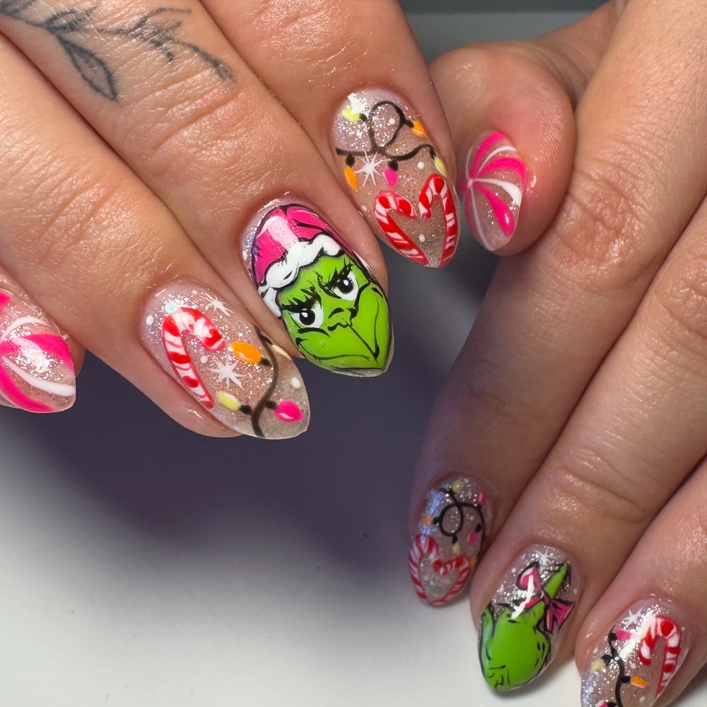 Whimsical Grinch Christmas Character Nail Art