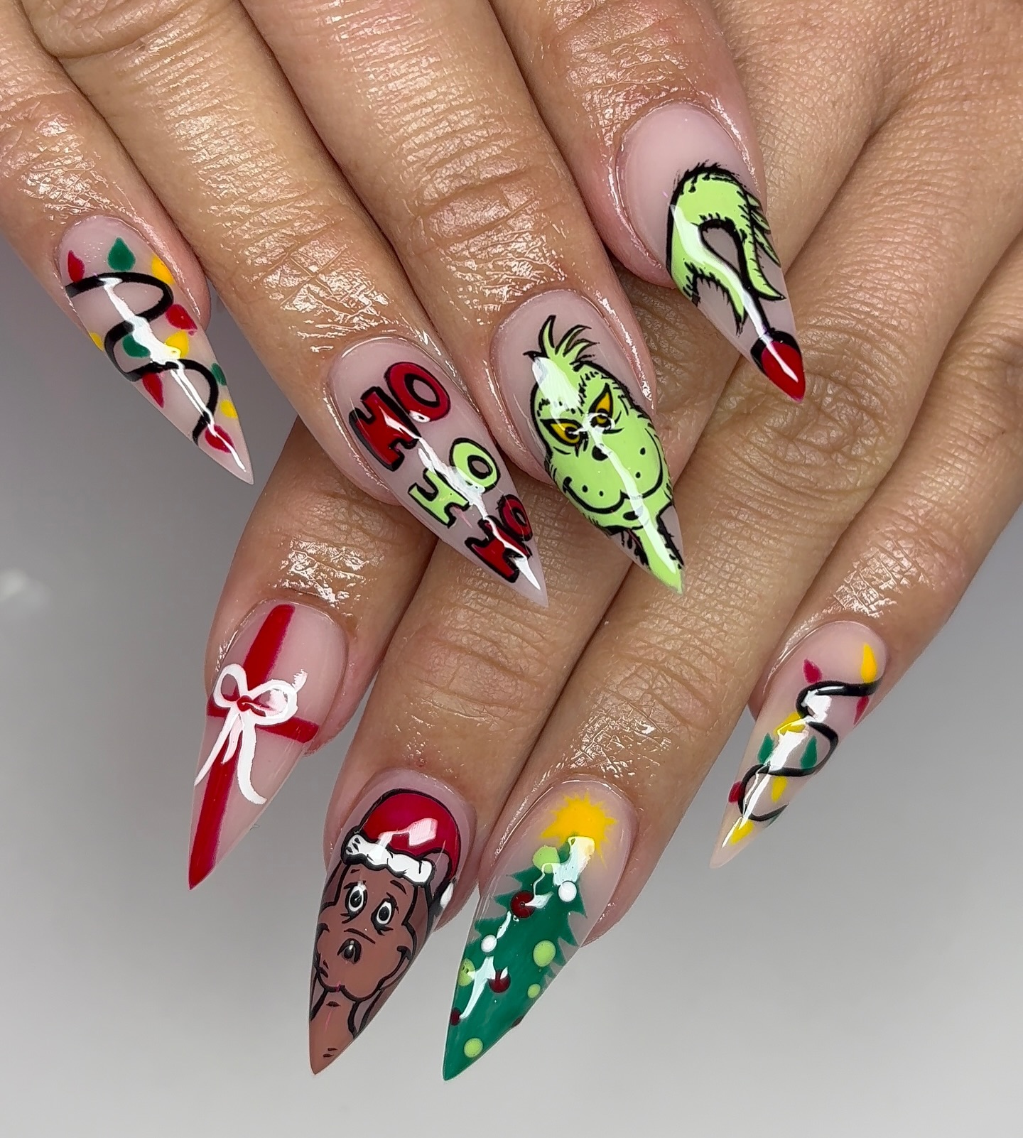 Whimsical Grinch Christmas Character Stiletto Nails