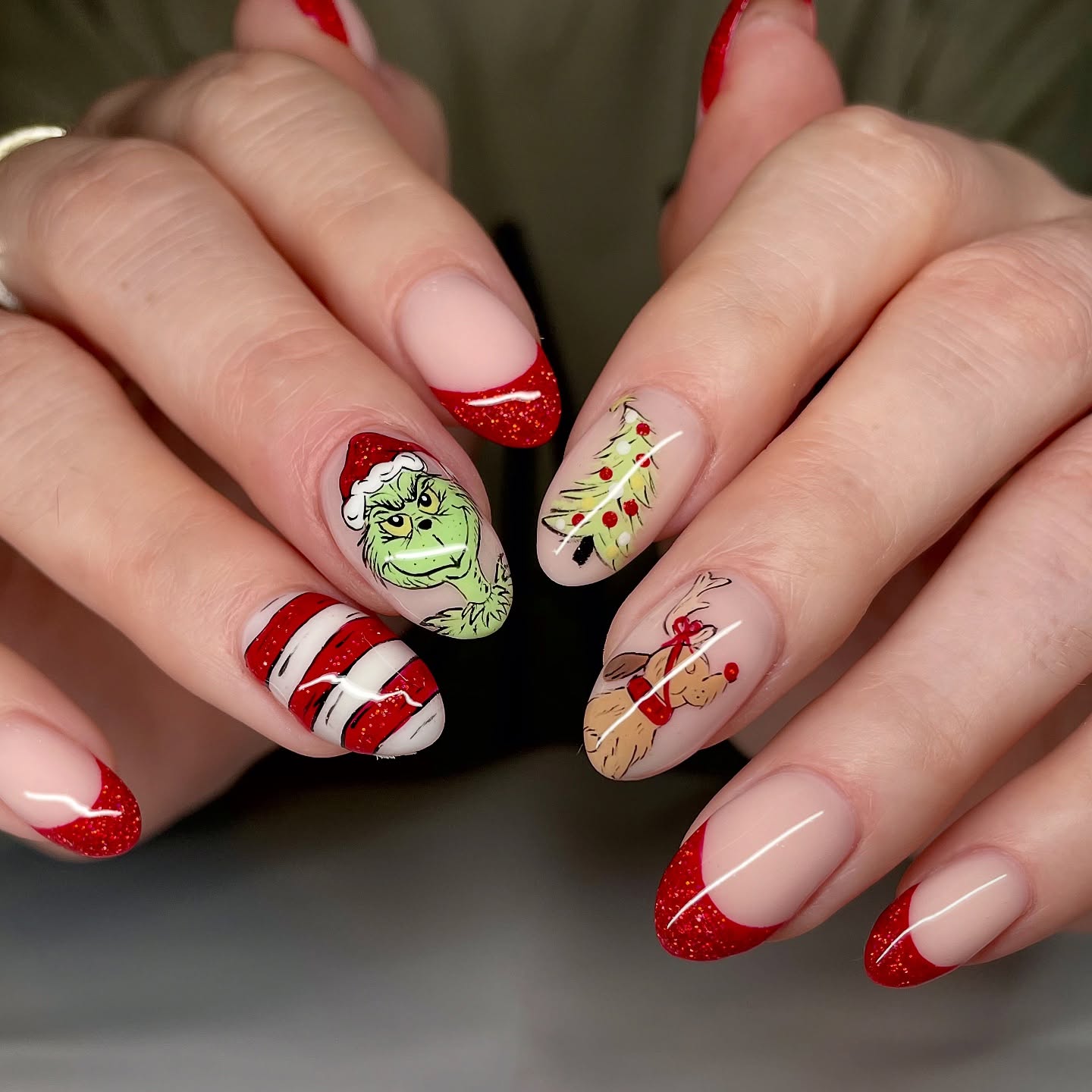Whimsical Grinch Christmas French Tip Nails