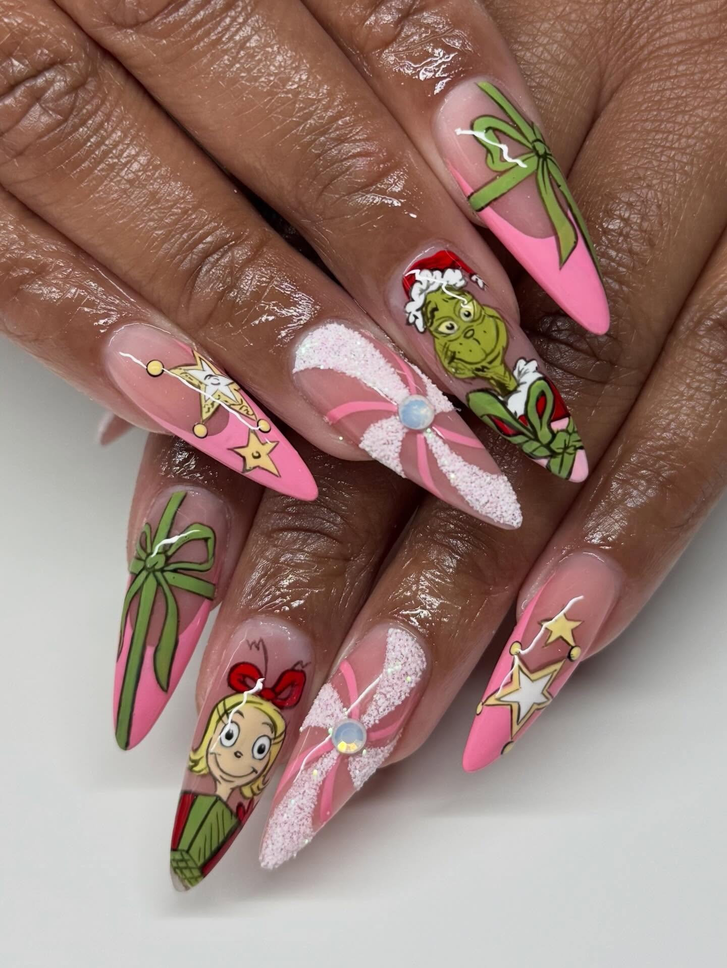 Whimsical Grinch Christmas Nail Art Stilettos