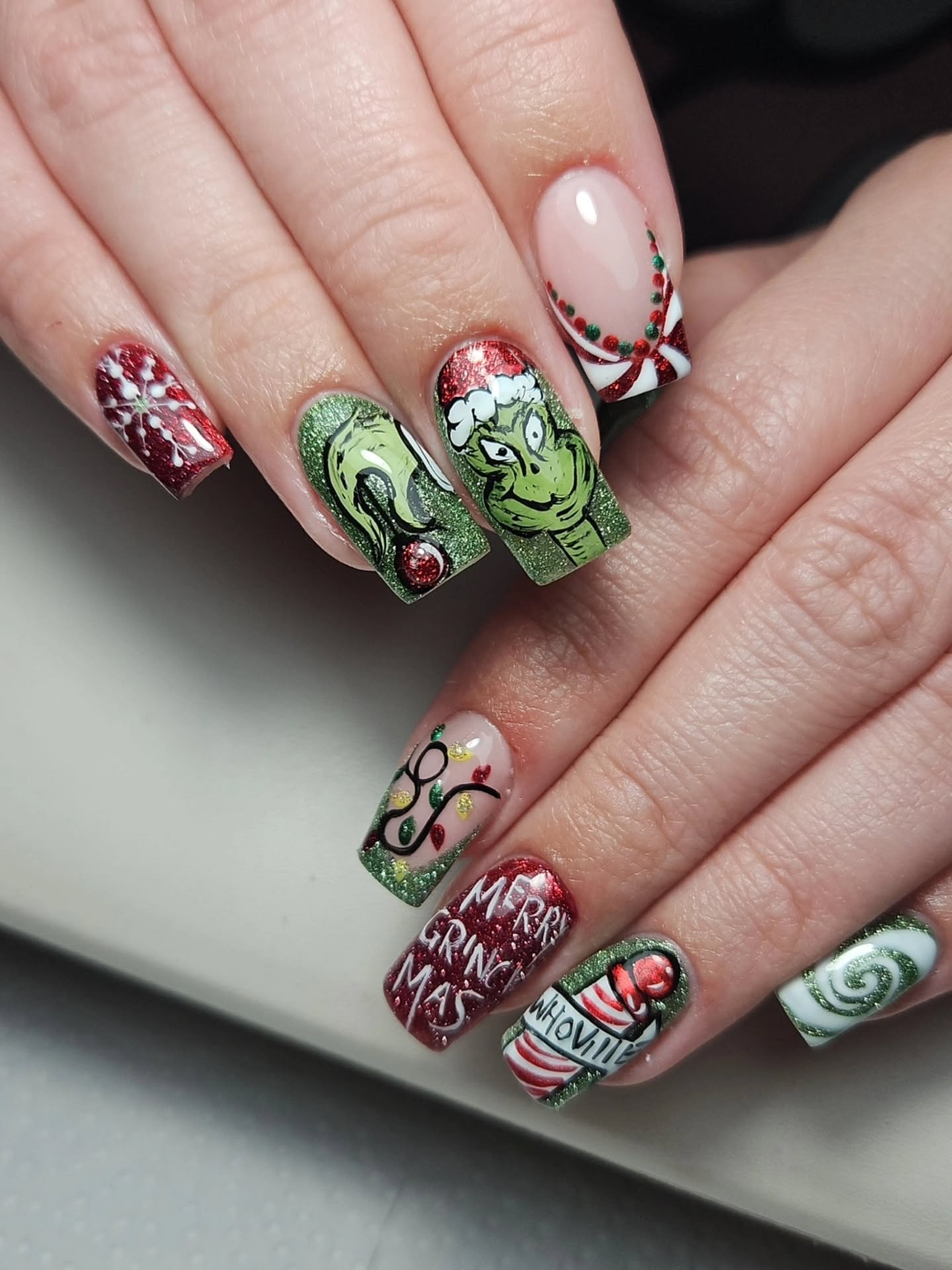 Whimsical Grinch Christmas Square Nails
