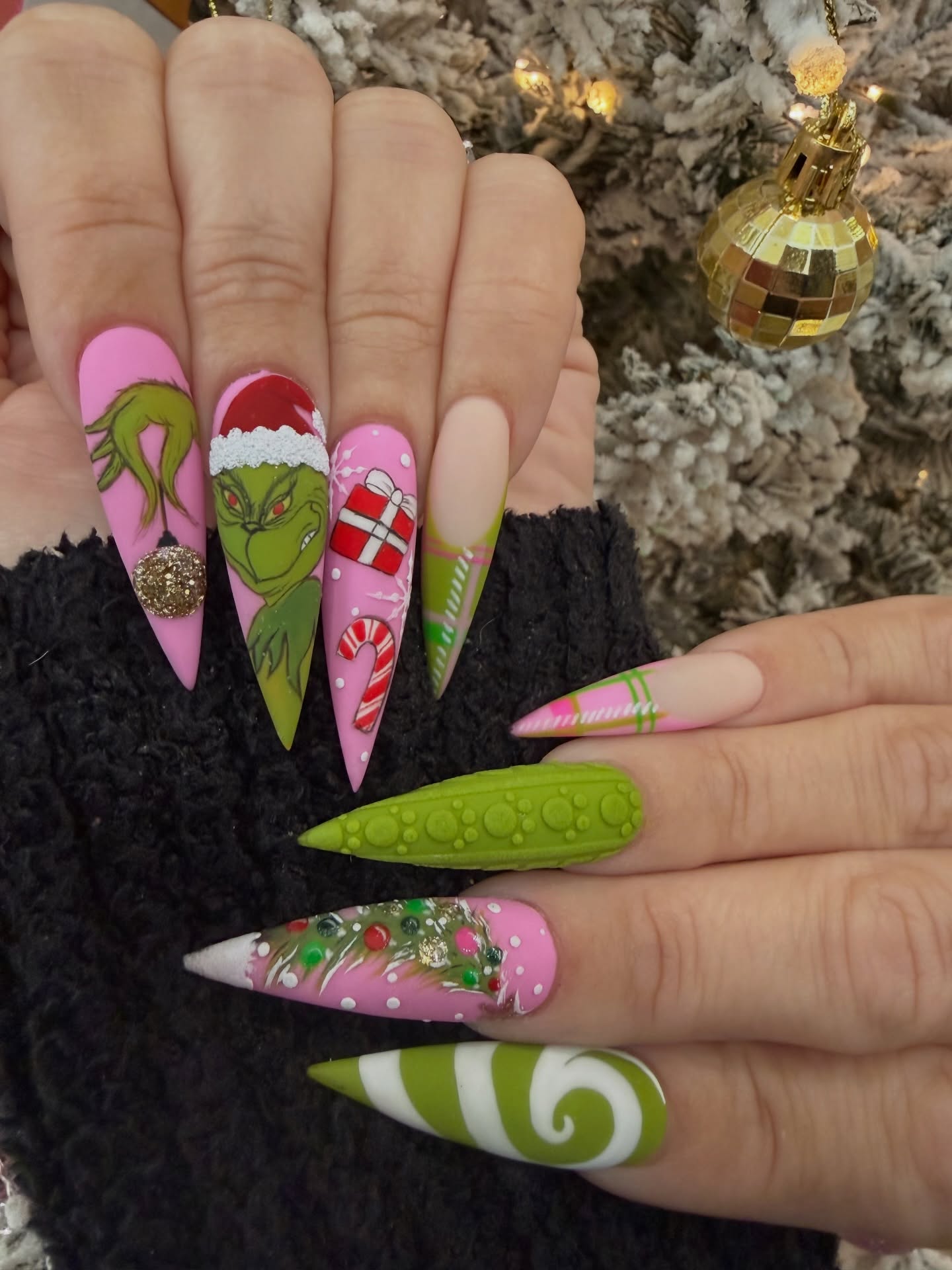 Whimsical Grinch Christmas Stiletto Nail Art