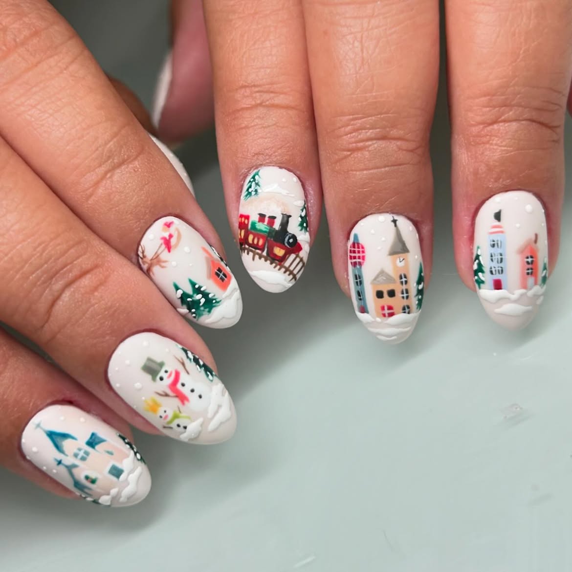 Whimsical Winter Village Hand-Painted Oval Nails