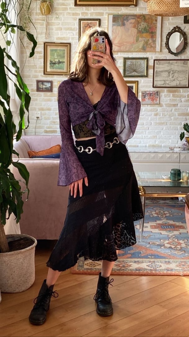 Sheer Tie-Front Top with Sequined Skirt Sheer Tie-Front Top with Sequined Skirt — Whimsigoth Outfits