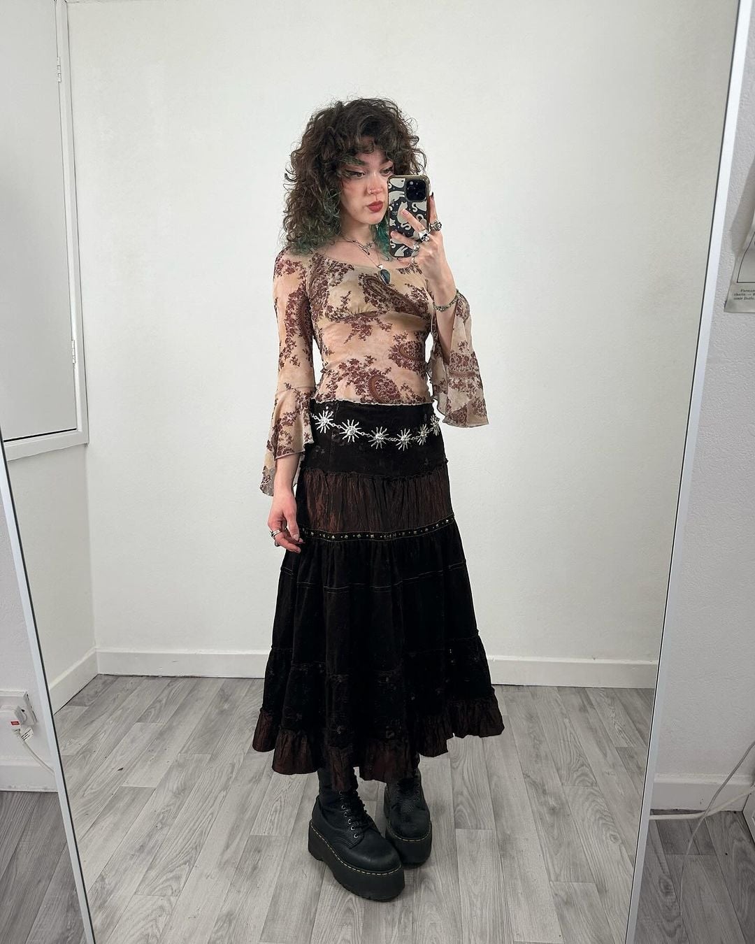 Tiered Velvet Maxi Skirt with Sheer Floral Top Tiered Velvet Maxi Skirt with Sheer Floral Top — Whimsigoth Outfits
