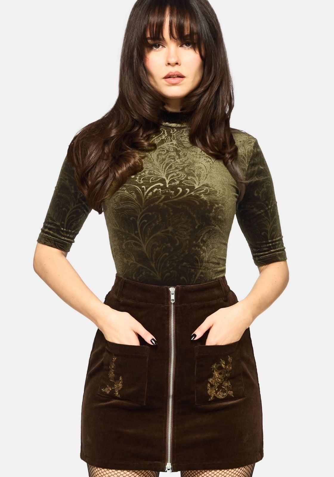 Olive Green Velvet Top with Brocade Skirt Olive Green Velvet Top with Brocade Skirt — Whimsigoth Outfits