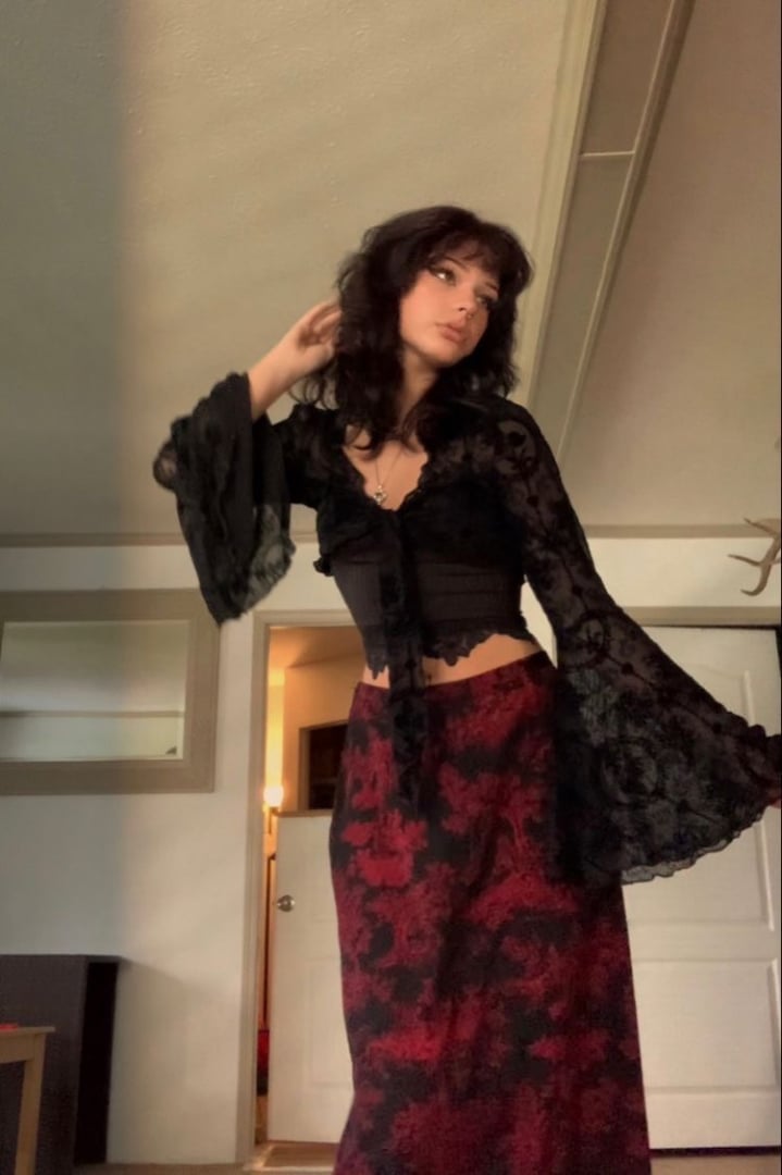 Black Lace Bell-Sleeve Top with Floral Maxi Skirt Black Lace Bell-Sleeve Top with Floral Maxi Skirt — Whimsigoth Outfits