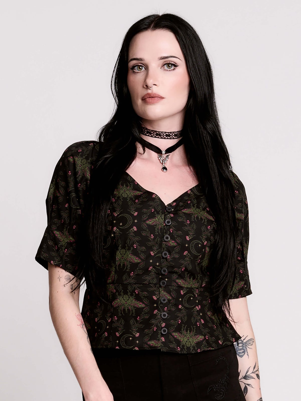 Dark Floral Print Blouse with Celestial Motifs Dark Floral Print Blouse with Celestial Motifs — Whimsigoth Outfits
