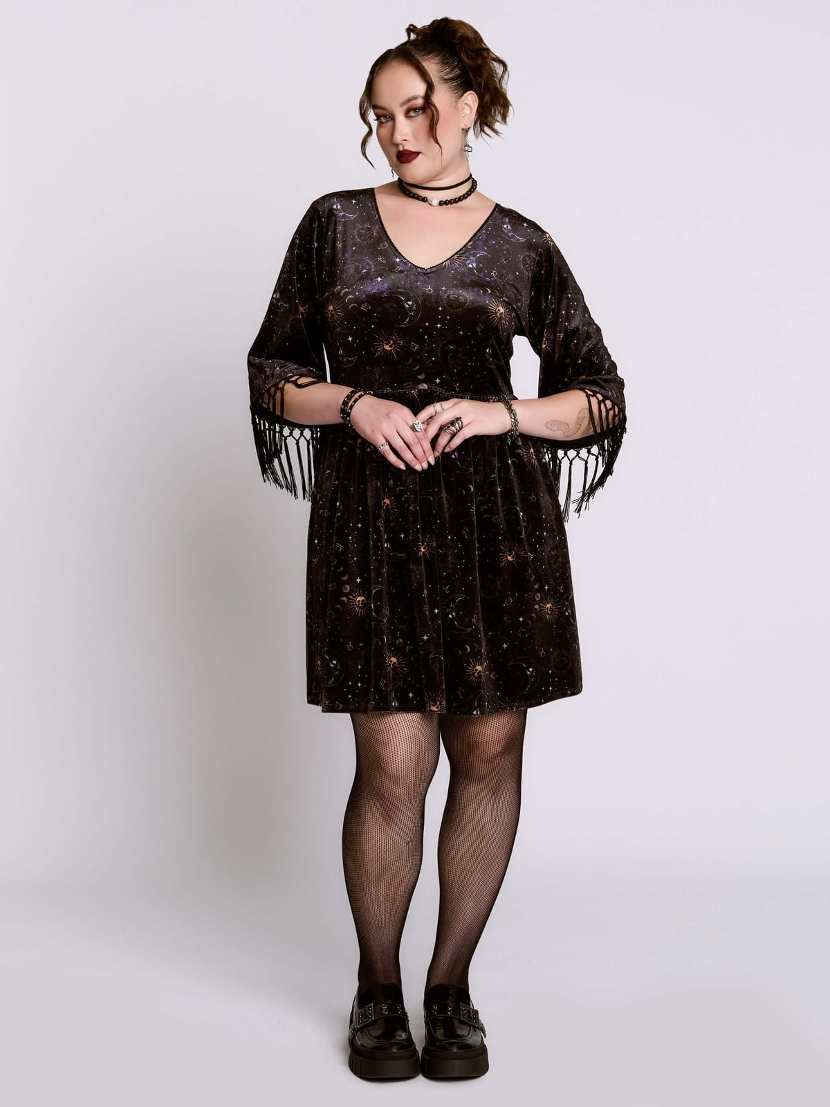 Celestial Print Velvet Dress with Fringe Sleeves Celestial Print Velvet Dress with Fringe Sleeves — Whimsigoth Outfits