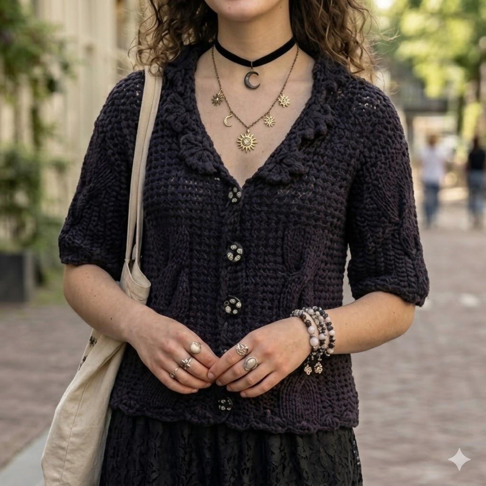 Crocheted Cardigan with Black Lace Skirt Crocheted Cardigan with Black Lace Skirt — Whimsigoth Outfits