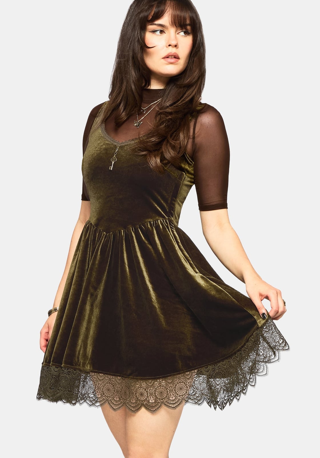 Velvet Mini Dress with Lace Trim Over Mesh Top Velvet Mini Dress with Lace Trim Over Mesh Top — Whimsigoth Outfits