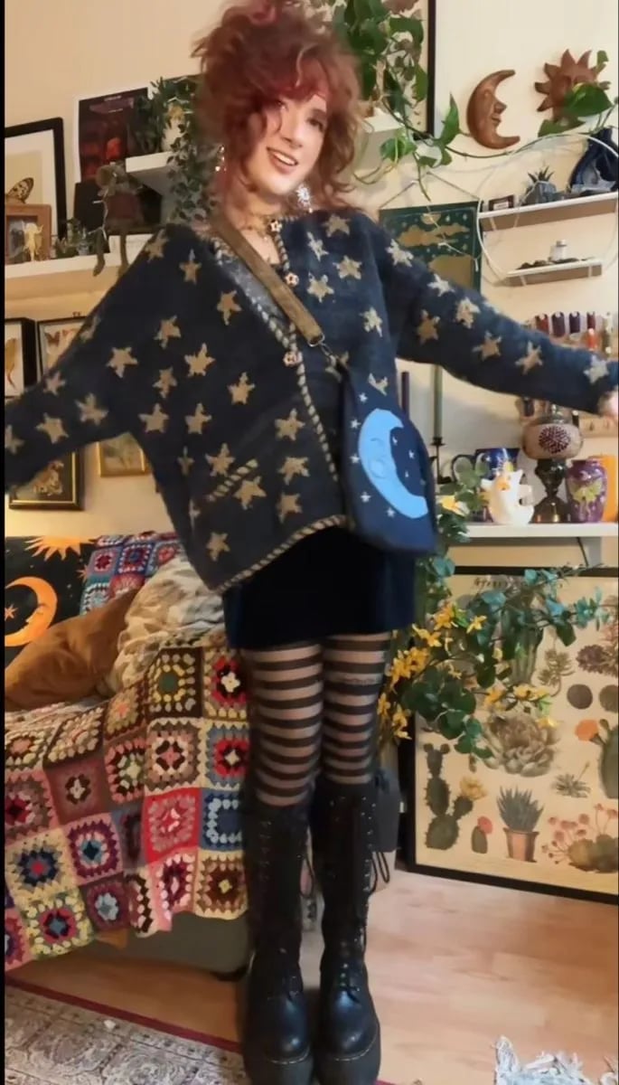 Oversized Star Print Cardigan with Velvet Dress Oversized Star Print Cardigan with Velvet Dress — Whimsigoth Outfits