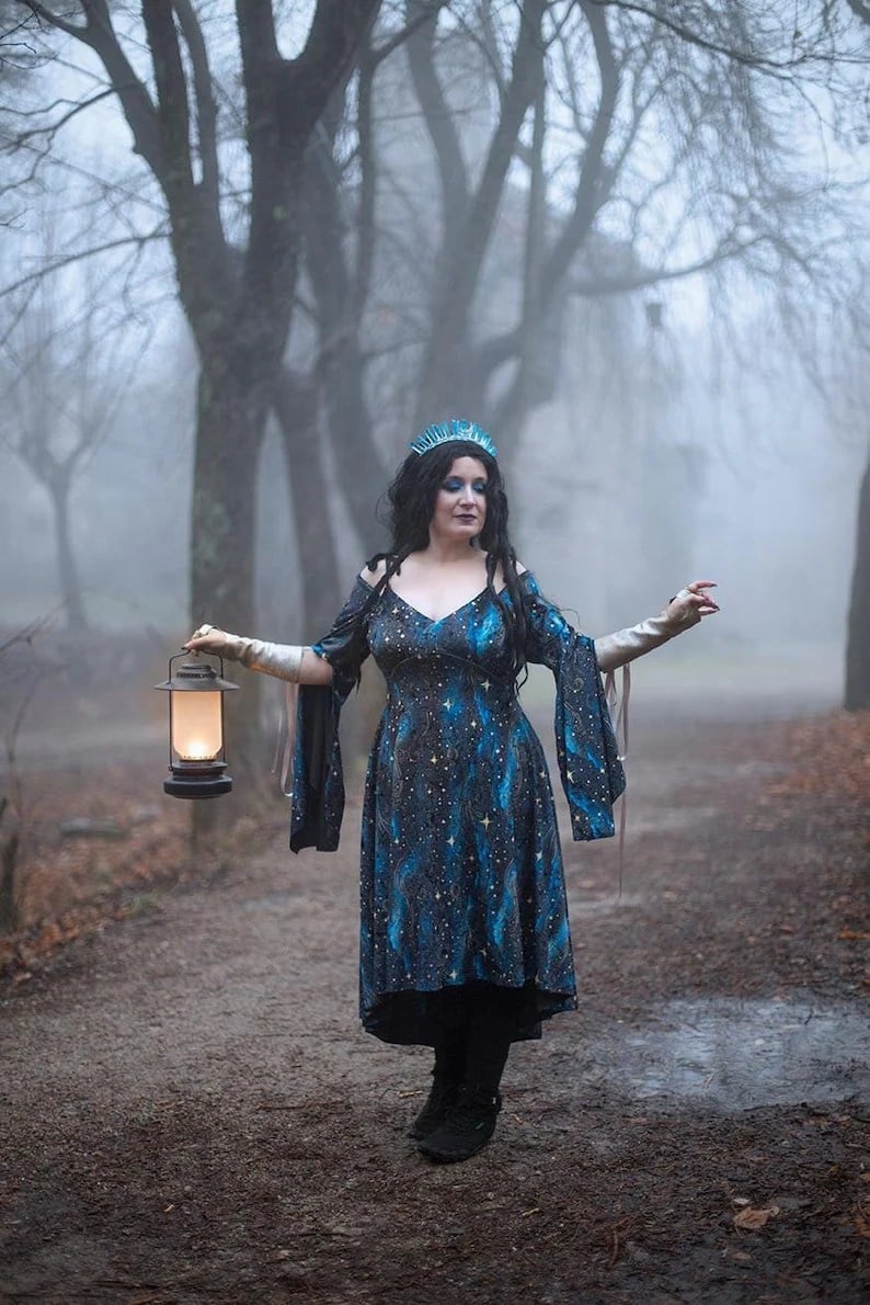 Celestial Print Dress with Flowing Sleeves Celestial Print Dress with Flowing Sleeves — Whimsigoth Outfits