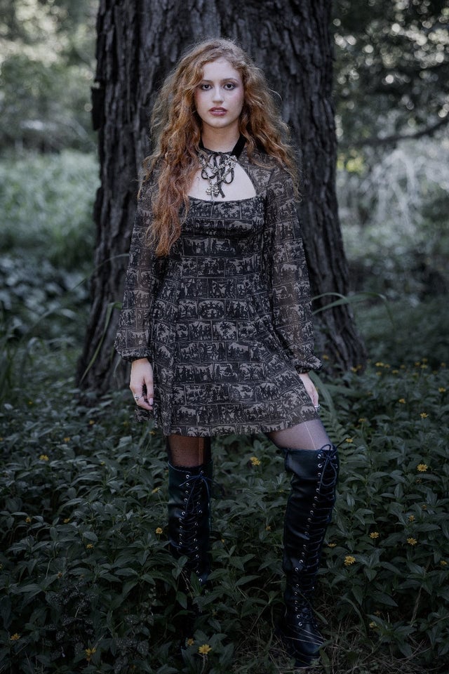 Printed Mini Dress with Thigh-High Boots Printed Mini Dress with Thigh-High Boots — Whimsigoth Outfits