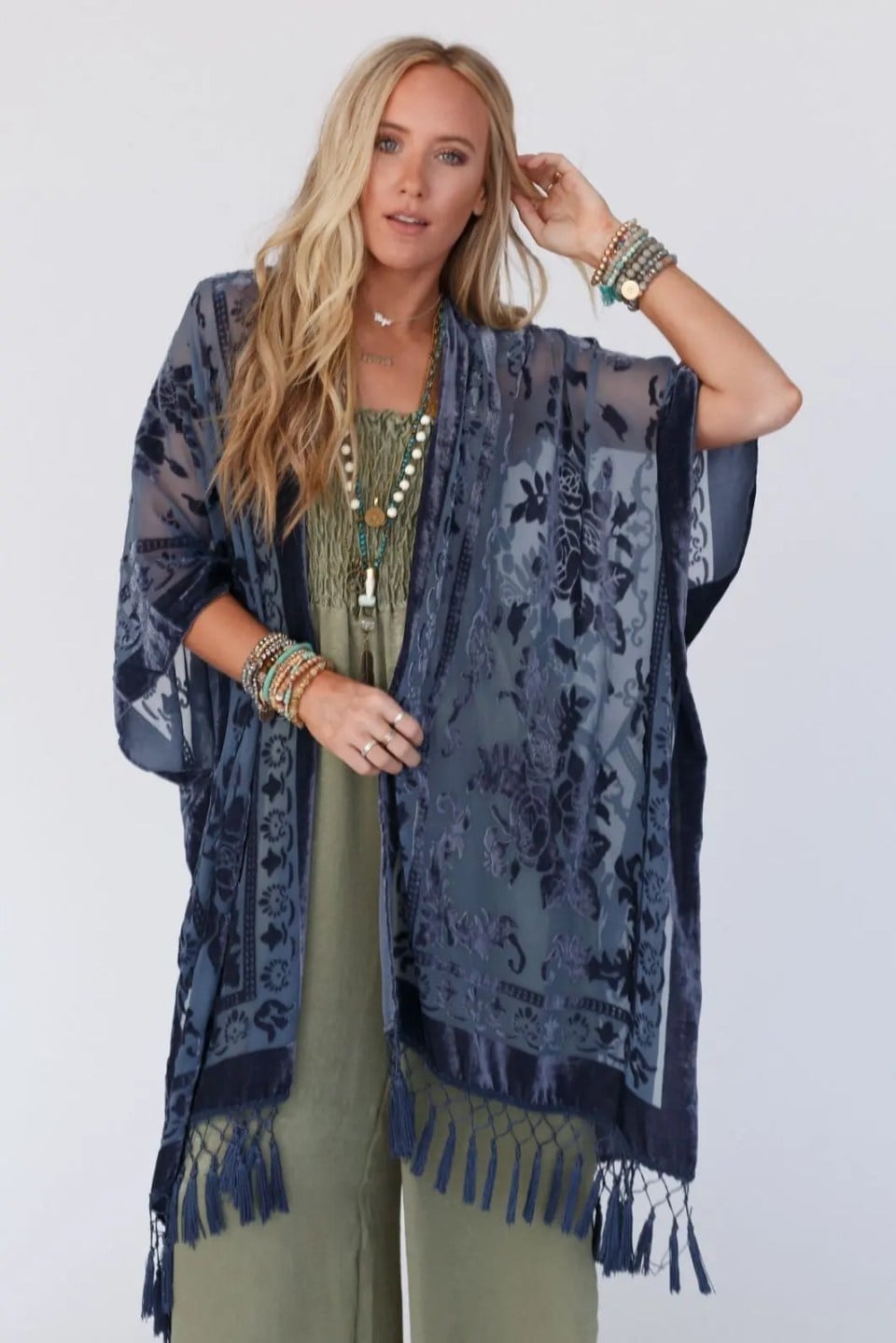 Sheer Velvet Kimono with Fringe Details Sheer Velvet Kimono with Fringe Details — Whimsigoth Outfits
