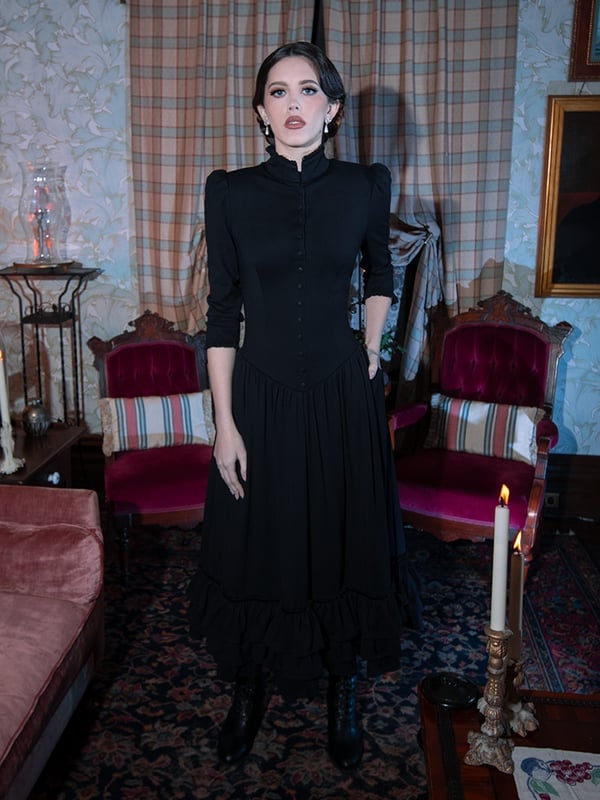 Victorian-Style Black Dress with Ruffled Hem Victorian-Style Black Dress with Ruffled Hem — Whimsigoth Outfits