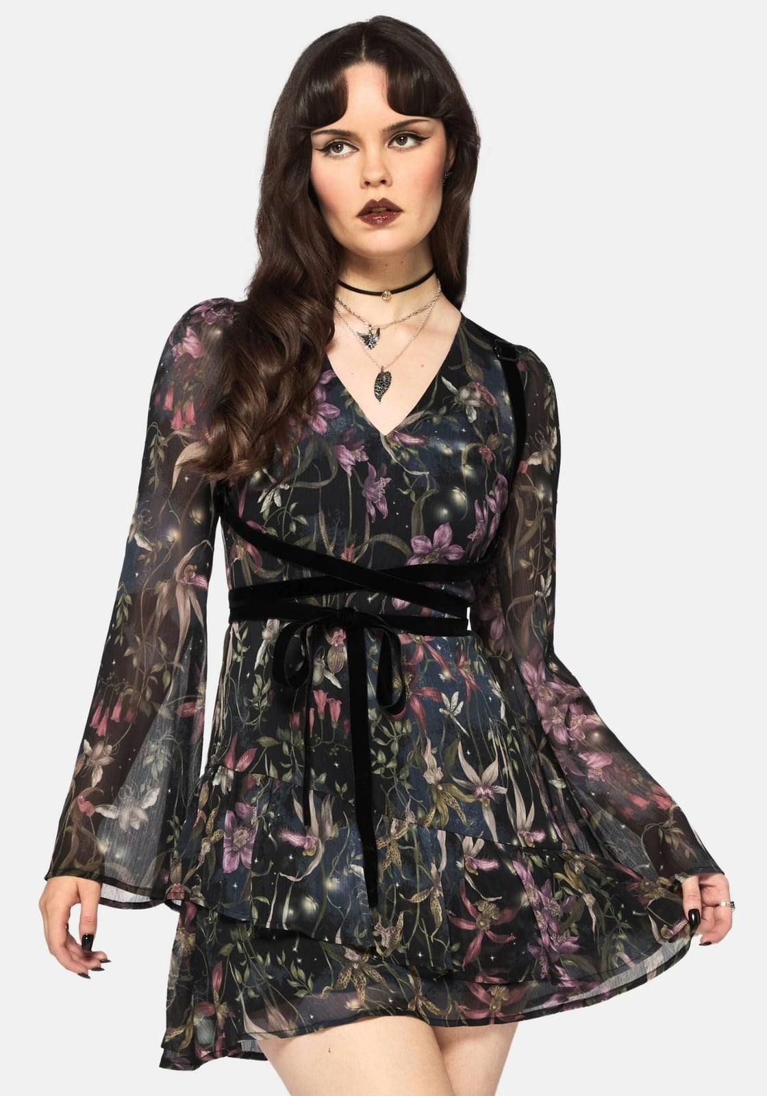 Dark Floral Mini Dress with Velvet Belt Dark Floral Mini Dress with Velvet Belt — Whimsigoth Outfits