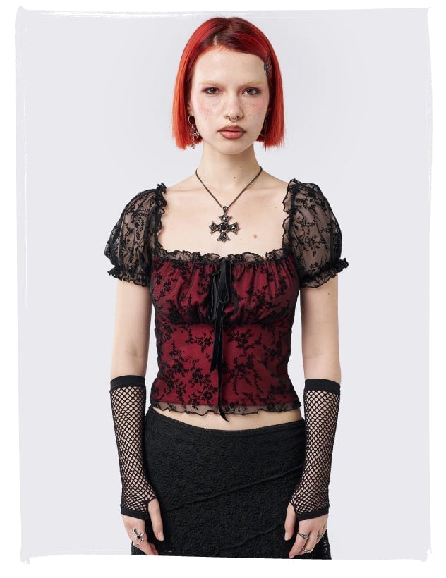 Red Lace Cropped Top with High-Waisted Skirt Red Lace Cropped Top with High-Waisted Skirt — Whimsigoth Outfits