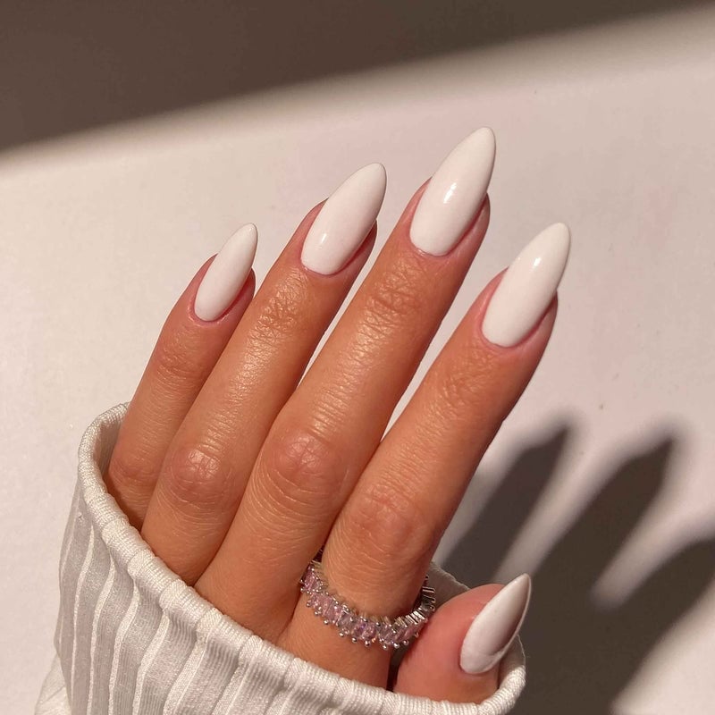 Pure White Glossy Long Almond Nails Pure White Glossy Long Almond Nails — White Acrylic Nails